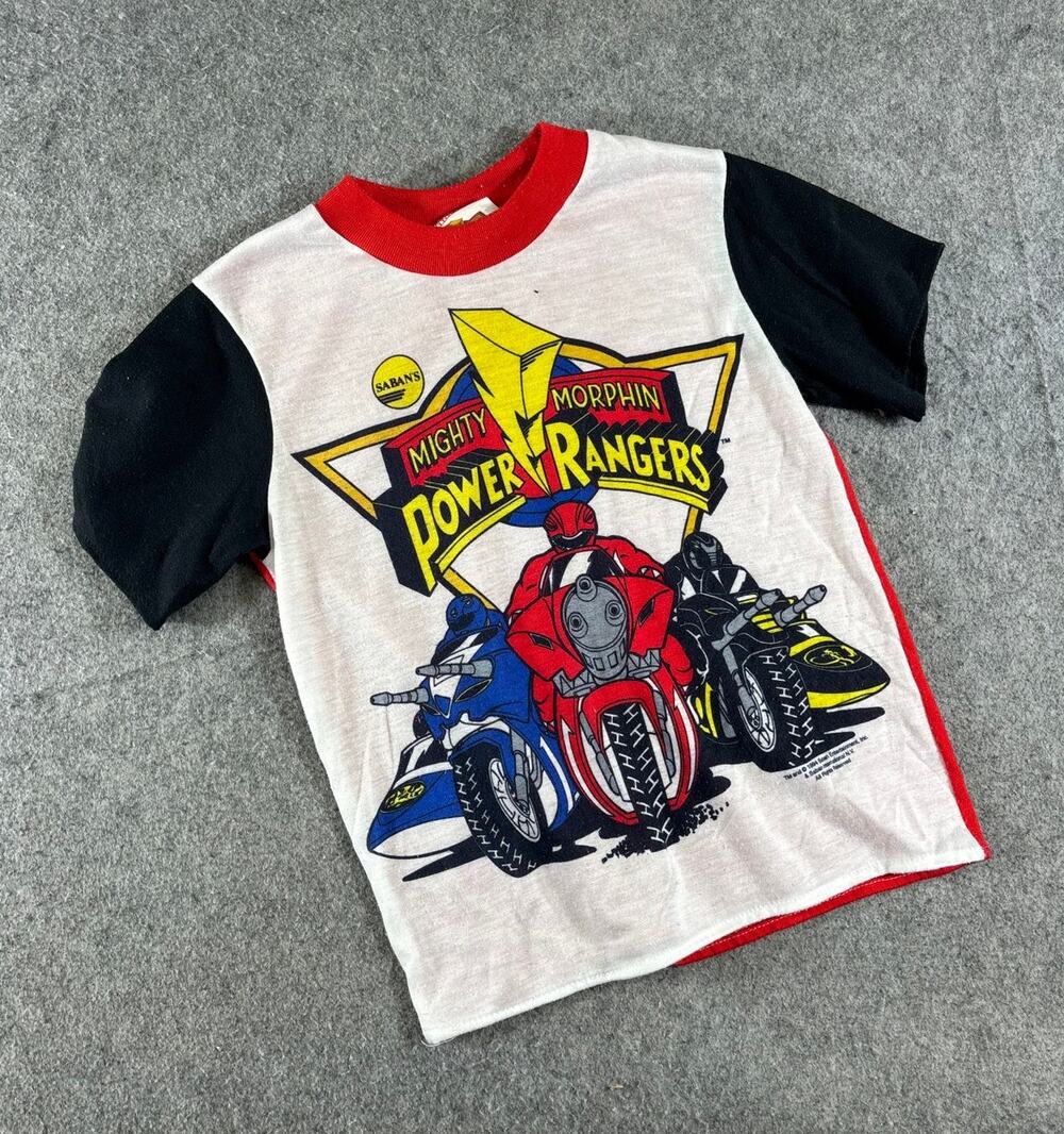 VINTAGE 90s Mighty Morphin Power Rangers Shirt Kids Size 10 White Graphic Tee
